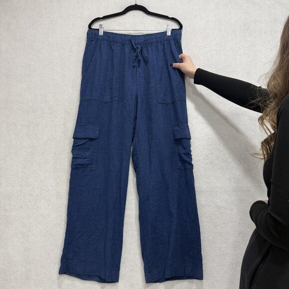 GAP Pants Womens Medium Blue Linen Rayon Pull On Wide Leg Cargo Pockets - Picture 5 of 10